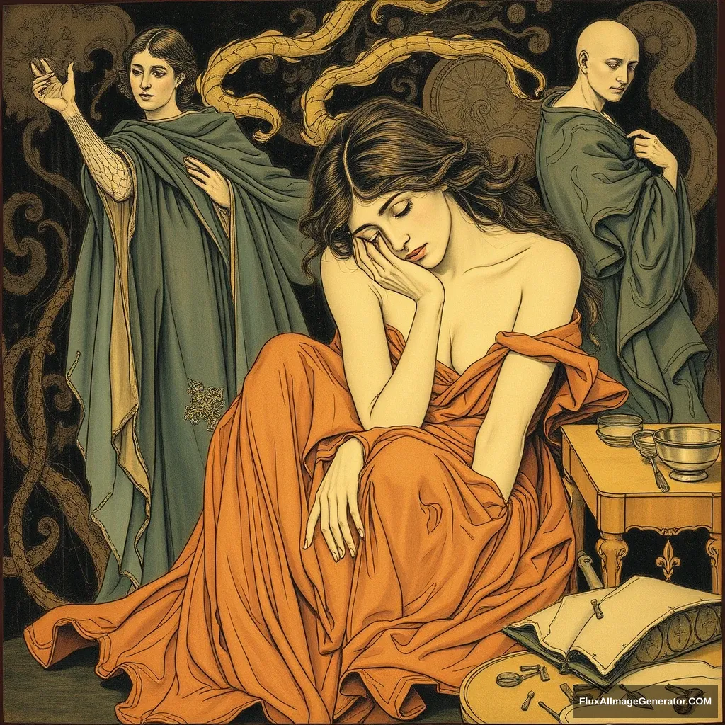 Depression, disillusionment realizing the reality of all, Alphonse Mucha. - Image