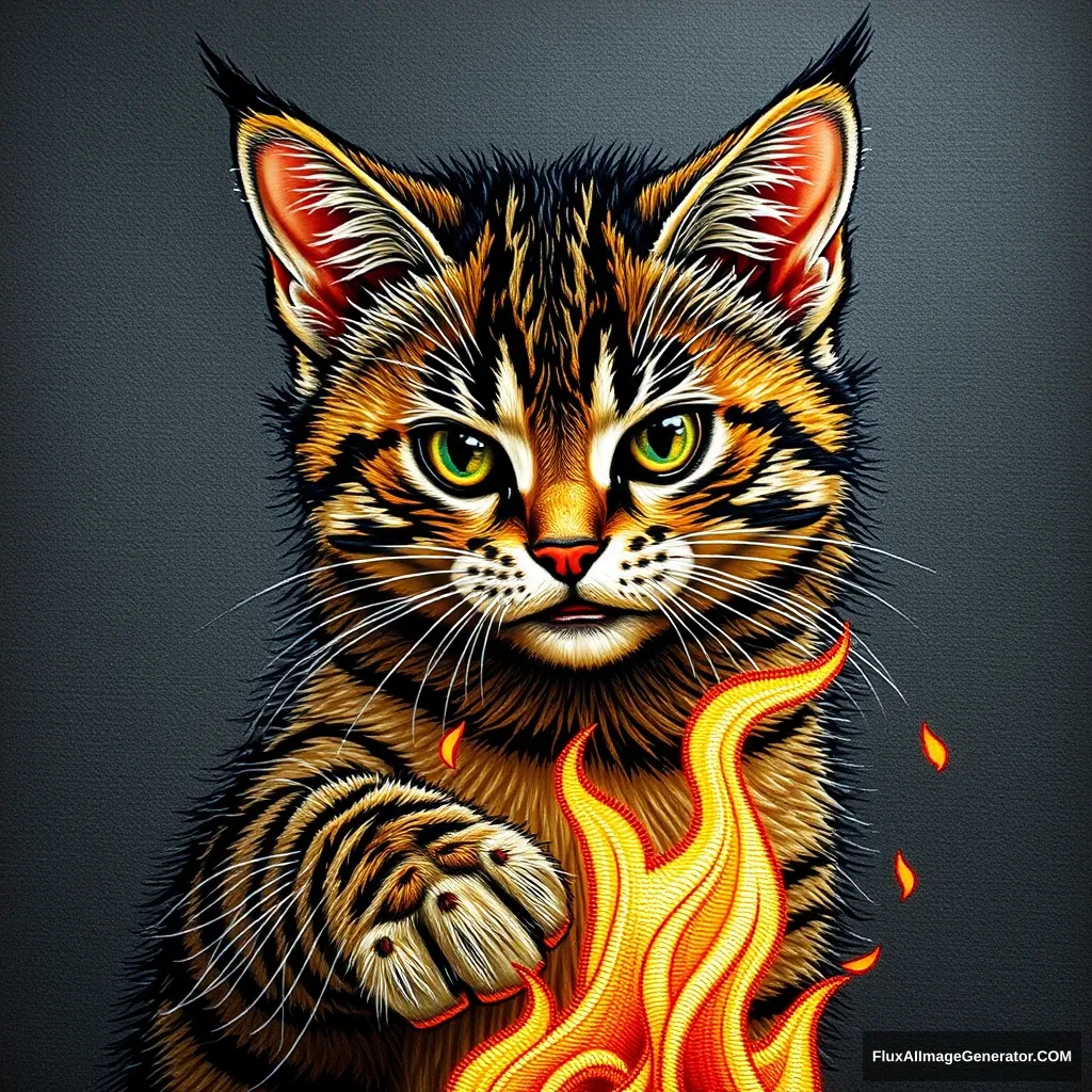 A mischievous tabby cat, playing with fire. Style: Hyper-realistic embroidery art. - Image