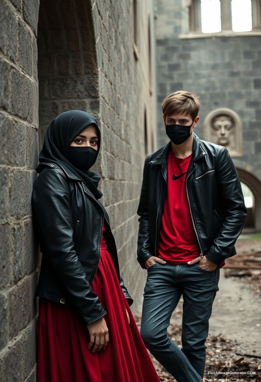 A biggest black hijab girl, beautiful eyes, face mask black, black leather jacket, biggest red longest dress, not tall, leaning at him,

Jamie Dornan, handsome, face mask black, fit and tough body, Nike red t-shirt, black leather jacket, jeans, tall man, leaning against the wall.

Hyper realistic, photorealistic, studio photography, Victoria's abandoned castle, gloomy.