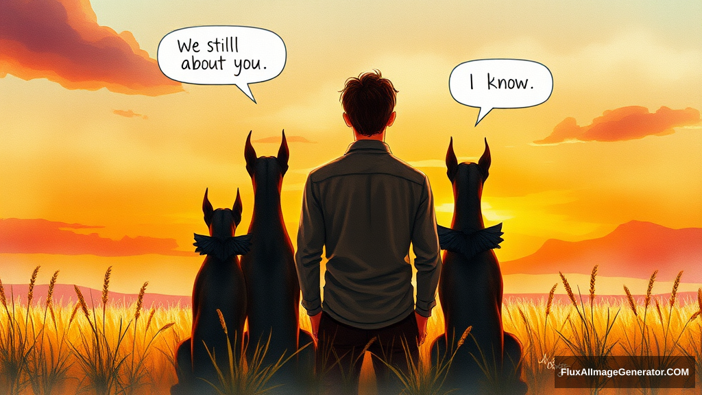 Watercolor illustration: male figure in a meadow at golden hour, silhouetted against a vibrant sunset sky. Three winged canine Doberman companions sat beside him, facing away from the viewer. Speech bubbles float above: "We still talk about you" (person), "I know" (dog). Nostalgic atmosphere, brushstrokes convey wistful longing. Warm palette, dreamy textures.