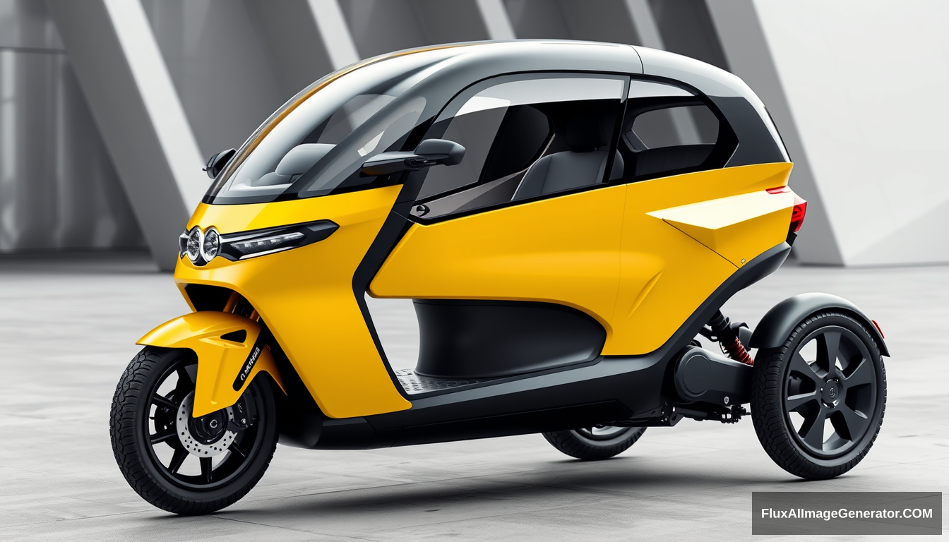 3-wheeled, enclosed concept scooter, (just 2 wheels in front), (only 1 in back), 4K, wide bicycle wheels, detailed. - Image