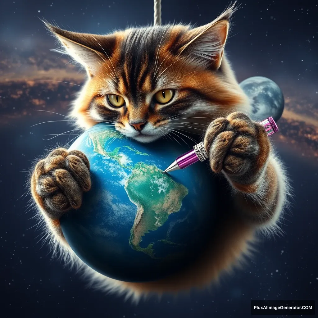 A hyper-realistic cosmic feline mechanic, fur glistening with stardust, meticulously repairs an azure Earth-like planet. Golden eyes focused, paws deftly wield an iridescent quantum screwdriver. Suspended in the velvet void of space, the scene exudes determination and hope for universal harmony. - Image