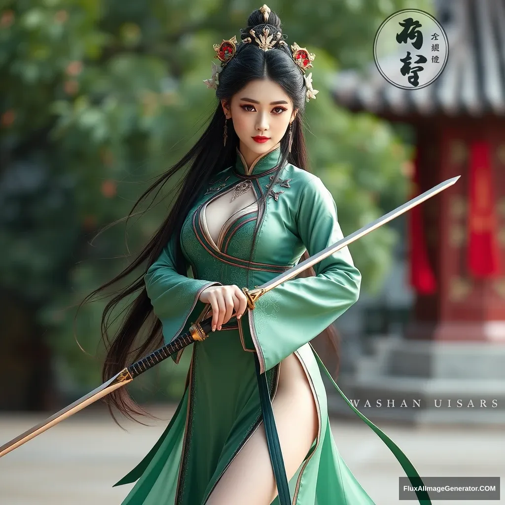 "Chinese ancient costume beauty, dressed in a fitted green outfit, adorned with elegant decorations, possessing an antique charm, graceful and lively, full of finesse, with long hair in an ancient style and long legs, exuding the aura of an ancient heroine, holding a slender sword, showcasing her figure."