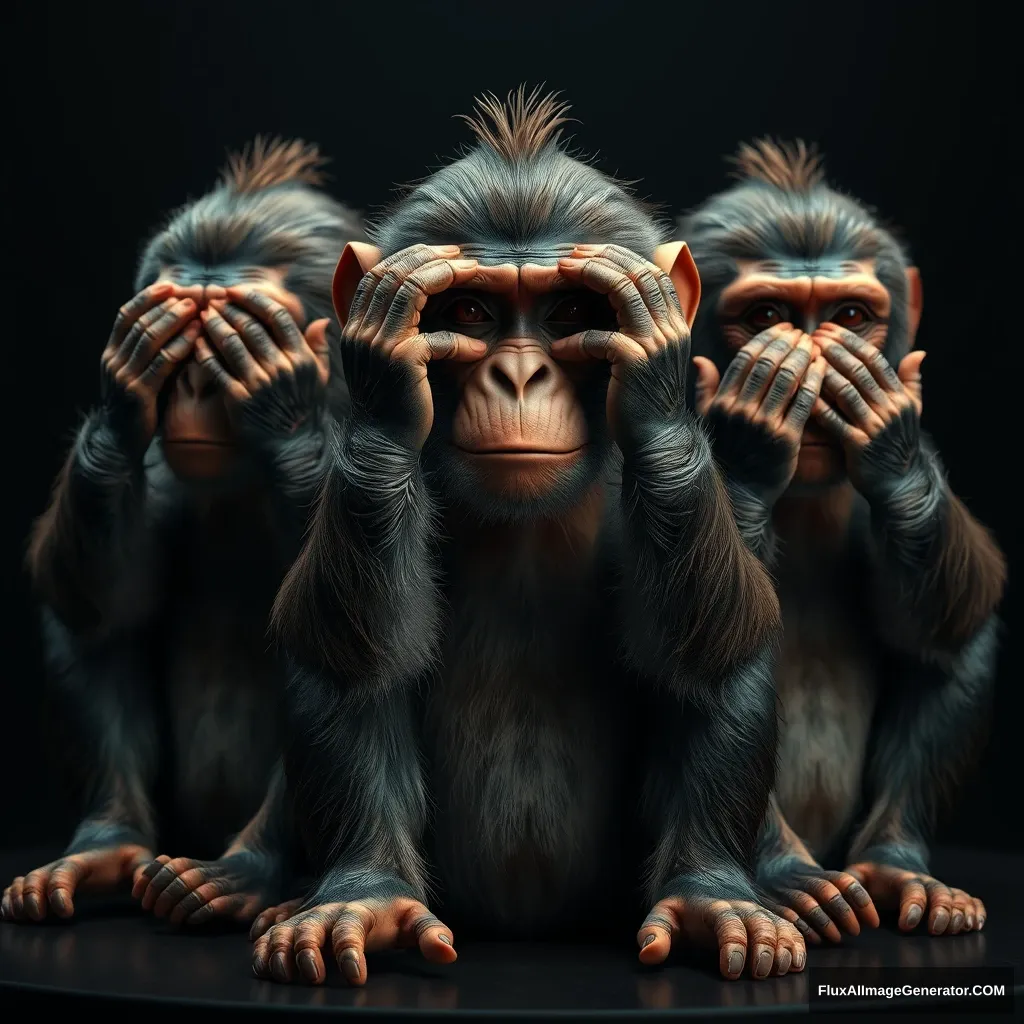 masterpiece, best quality, (octane render, cinematic CGI:1.4), intricate detail, beautiful three wise monkeys who are seated, embodying the proverbial principle "see no evil, hear no evil, speak no evil". The three monkeys are Mizaru, covering his eyes with two hands, who sees no evil; Kikazaru, covering his ears with two hands, who hears no evil; and Iwazaru, covering his mouth with two hands, who speaks no evil, (extreme closeup:1.2), (looking at the viewer:1.1), from front, soft light, low key light, dark mood, (chimp monkeys:1.2), detailed face, gaunt face, skin pores, detailed skin, intense eyes, (real skin detail:1.2), skin pores, detailed hair, detailed eyes, (depth of field:1.3), (dark background:1.2), sharp contrast, sharp detail, high contrast shadows.