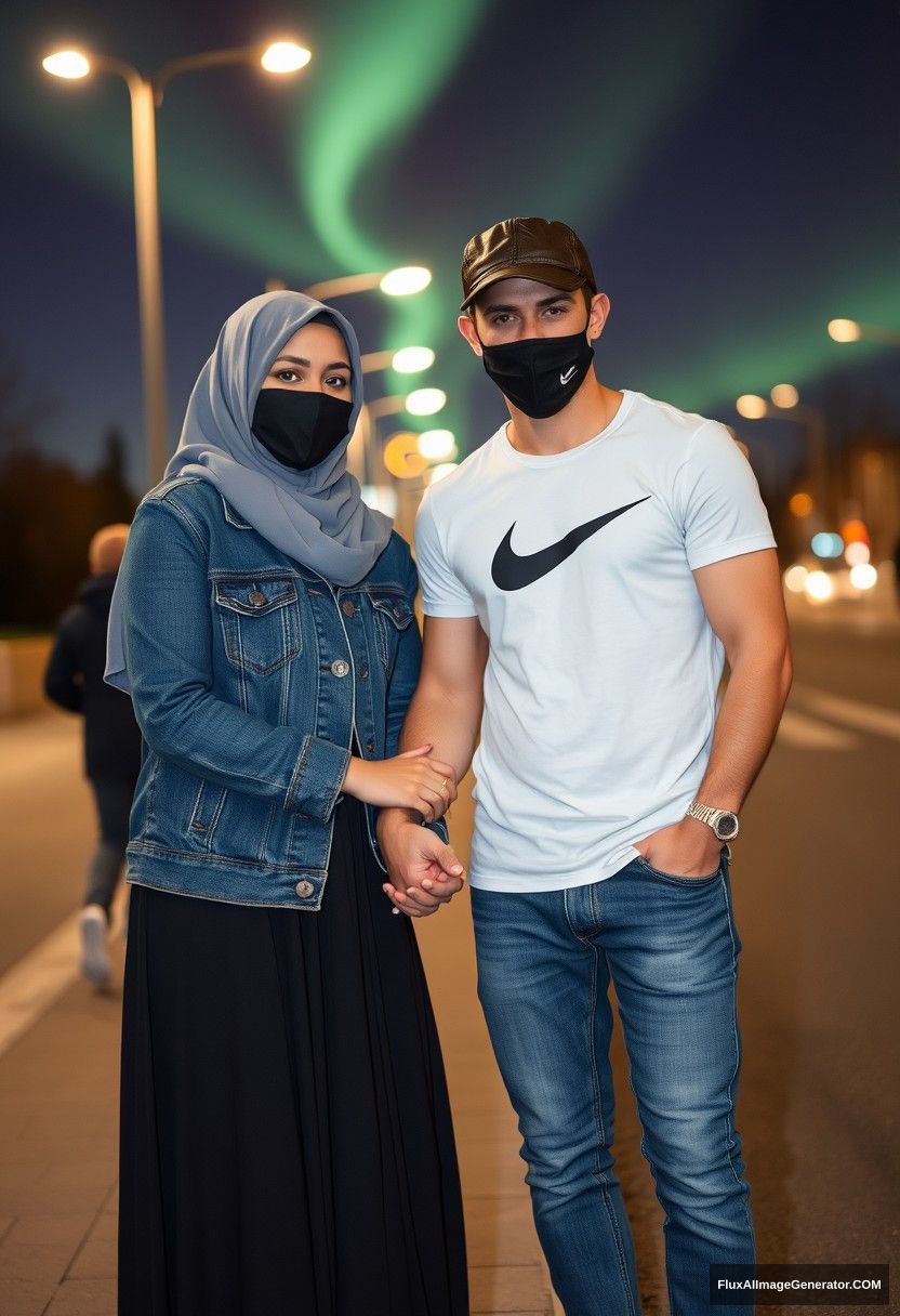 Jamie Dornan, handsome, leather cap, black face mask, white Nike t-shirt, jeans, sneakers, in a romantic dating scenario with a grey hijab-wearing Muslim girl, beautiful eyes, black face mask, jeans jacket, very long and large skirt, not a tall girl, red sneakers, holding hands, photorealistic, street photography, full photography, selfie photos, night scenery, aurora. - Image