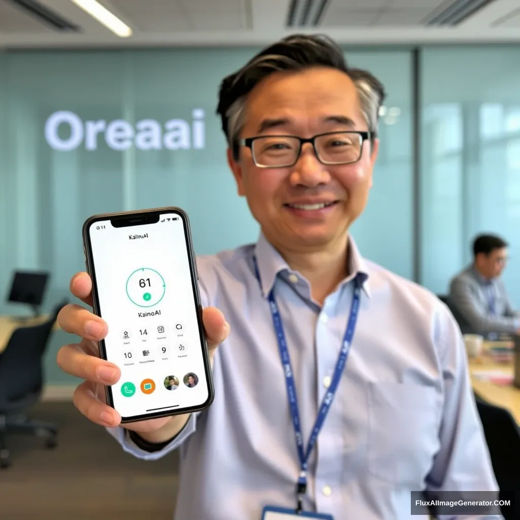 Lee Hsien Loong is holding a phone, and the phone screen shows the KainoAI app; the background is at the OpenAI office. - Image