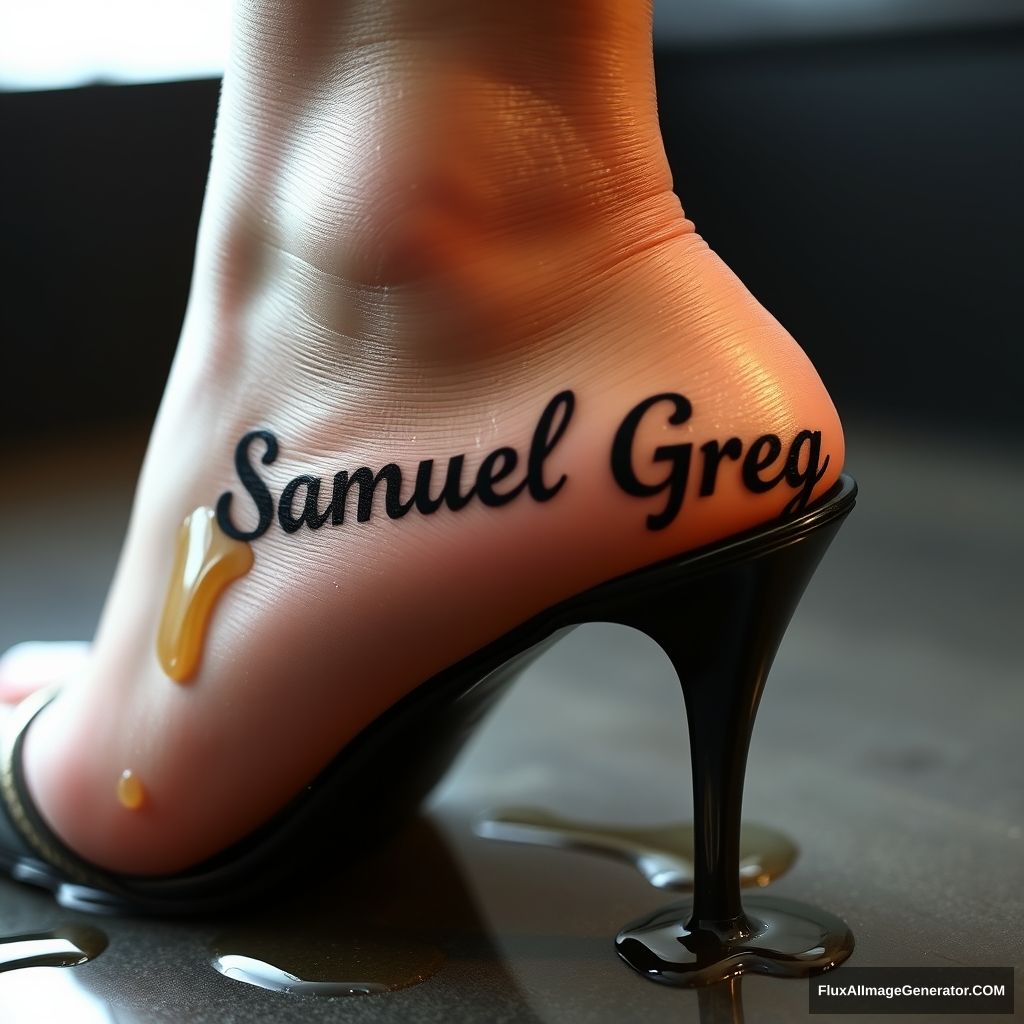 "The name 'Samuel Greg' on a woman's foot in a black high heel. There is oil all over the foot." - Image