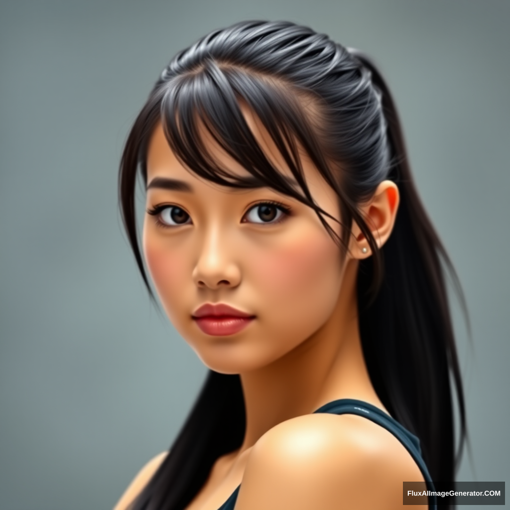 An athletic Asian woman, looking at the viewer, with a slight pout. She has black hair and brown eyes, styled in a ponytail, and appears to be around 20 years old.