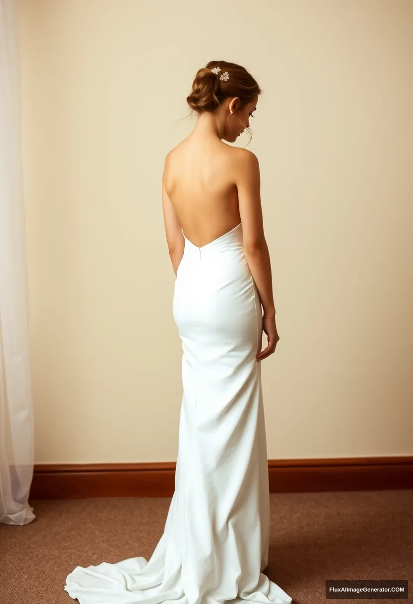 A short young woman, sensitive, delicate, ashamed, wearing a backless, strapless, side-less, low-waisted spilling contouring wedding dress, standing in front of patriarchy, and expectations.