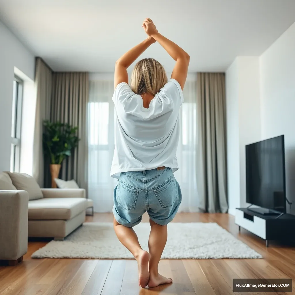 Side view angle of a slender blonde woman in her spacious living room, wearing an extremely oversized white t-shirt that is uneven on one shoulder, paired with baggy light blue denim shorts that are unrolled. She is barefoot and facing her TV, diving headfirst into it with both arms raised beneath her head and her legs elevated in the air, positioned at a 60-degree angle. - Image