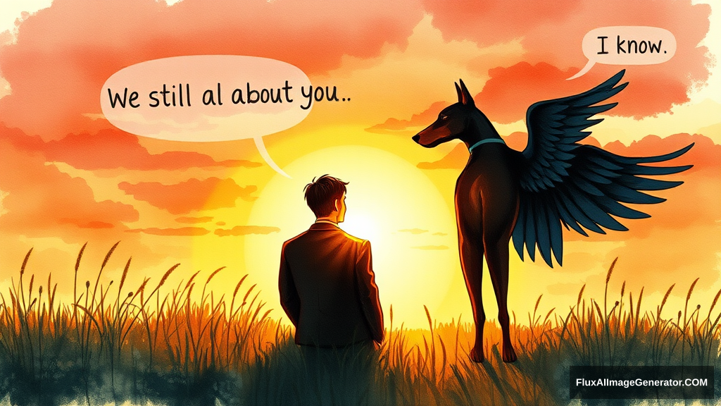 Watercolor illustration: male figure in meadow at golden hour, silhouetted against vibrant sunset sky. Winged canine Doberman companion sat beside. Facing away from the viewer, speech bubbles float above: "We still talk about you" (person), "I know" (dog). Nostalgic atmosphere, brushstrokes convey wistful longing. Warm palette, dreamy textures. - Image