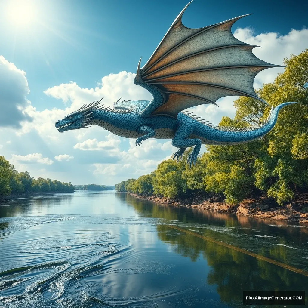 /imagine prompt: A hyper-realistic photograph of a western dragon flying high in the sky, its scales gleaming in blue and silver with intricate detail, powerful wings flapping, dynamic pose, aerial view from the river below. The river flows calmly with crystal-clear water, perfectly reflecting the dragon above, surrounded by lush, verdant trees with visible leaves. The sky is partly cloudy with rays of sunlight piercing through, highlighting the dragon's form in stunning clarity, hd quality, vivid style --ar 16:9 --v 6.0