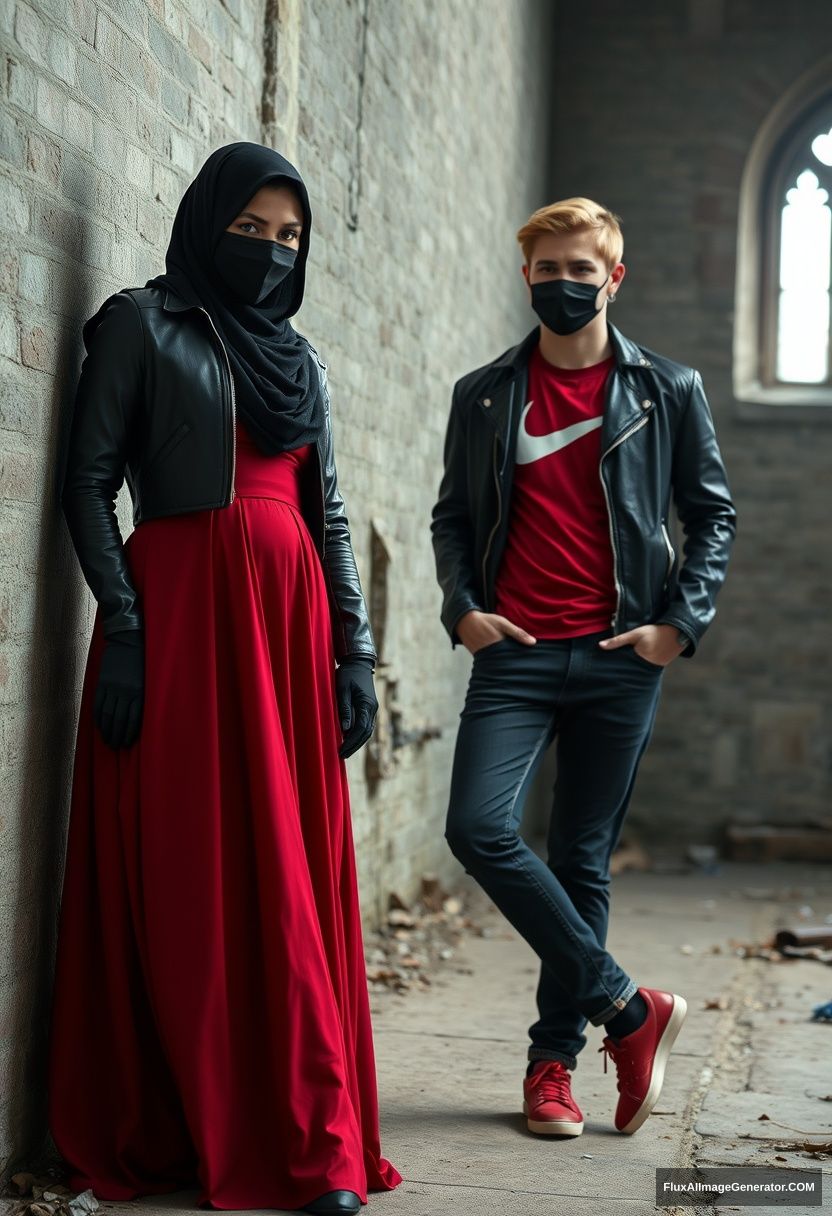 A biggest black hijab girl, beautiful eyes, face mask black, black leather jacket, biggest red longest dress, not tall, standing near him,

Jamie Dornan, handsome, youngest, face mask black, fit and tough body, Nike red t-shirt, black leather jacket, jeans, red sneakers, tall man, leaning against the wall,

Hyper realistic, photorealistic, studio photography, Victoria's abandoned castle, gloomy.