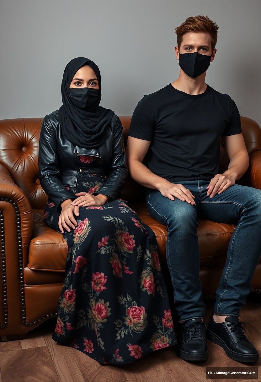 A slim girl wearing a black hijab, with beautiful eyes, a black face mask, a black leather jacket, and the biggest floral long dress, sits on a single-wing leather sofa. Next to her is Jamie Dornan, the youngest, wearing a black T-shirt, jeans, and black leather sneakers, a tall man with a fit body, also with a black face mask. The scene is hyper-realistic, resembling studio photography. - Image