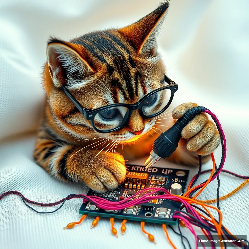 A mischievous tabby cat, wearing tiny spectacles, meticulously solders a circuit board with a miniature iron. Vibrant threads weave intricate patterns, mimicking electronic pathways. Soft fabric backdrop, warm lighting. Delicate French knots form components. Style: Hyper-realistic embroidery art, blending traditional craftsmanship with modern technology.