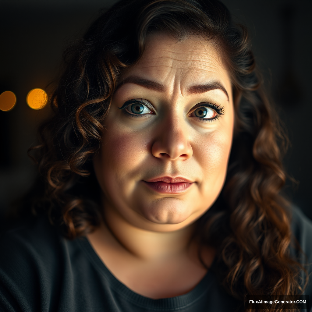 Realistic-looking chubby (not fat) woman gazing into the camera. She looks madly in love with a man; you can see it in her eyes. She feels anxious as she is unsure how he feels about her. She also feels confident about herself and who she is. Her eyes are blurred, her hair is long and brown with natural curls. There are dim lights in the background. Her cheeks radiate a warm blush, and her slight smile shows her inner peace and tranquility. She is not insecure about her figure at all. She does not have any makeup on her face; her imperfections shine like the sun. You can see she has raised children and fought through blood and tears for them. She embodies pure maturity and is a diamond due to the hardships of life that shaped her. Yet she has no bitterness. - Image