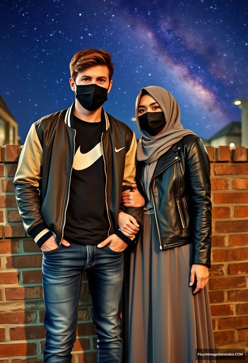 Jamie Dornan, youngest, black face mask, collage jacket, Nike t-shirt, jeans, tall man, fit body,

Dating, love with the biggest grey hijab Muslim girl, beautiful eyes, black face mask, leather jacket, biggest longest skirt, slim not-tall girl, holding his arm

standing at a brick wall, in town, night scenery, Milky Way, hyper-realistic, photorealistic, street photography.