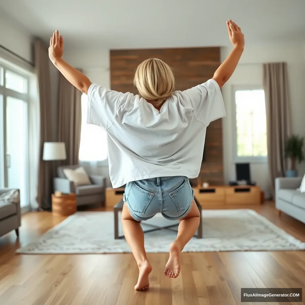 A side angle of a slim blonde woman in her large living room, wearing a massively oversized white t-shirt that is unbalanced on one of the sleeves, along with oversized light blue denim shorts. She is barefoot and facing her TV; she dives headfirst with both arms raised below her head and her legs elevated high in the air behind her back, positioned at a 60-degree angle. - Image