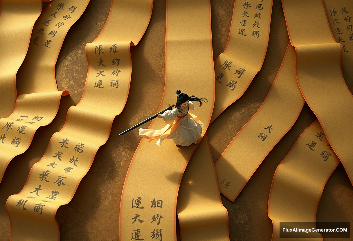 Drone perspective. A small ancient Chinese young woman walks on a number of undulating scrolls covered with calligraphy characters. She carries a long sword, wears a flowing soft silk Hanfu, and her long hair moves in the wind. 3D rendered Chinese ink painting scene. Pale gold and emerald. Top view, epic scale of the scene. Light and shadow are distinct, and subtle stars float in the air, creating a dreamlike surreal atmosphere. Ultra-high resolution, the overall composition is very artistic and spatial sense. Fine brushwork, soft flow, history painting, 3D rendering.