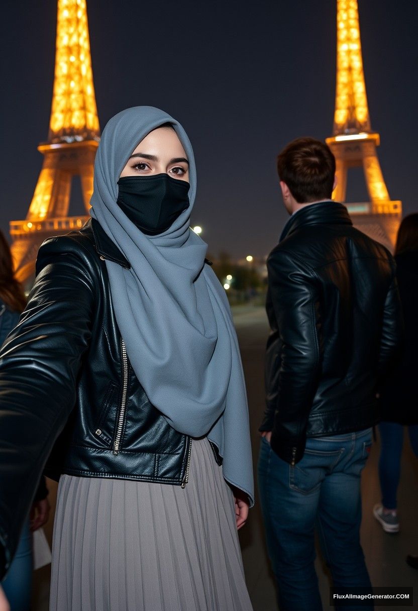 Biggest grey hijab Muslim girl, beautiful eyes, face mask black, leather jacket, biggest longest skirt, standing near Eiffel Tower, dating love with Jamie Dornan, leather jacket, jeans, night scenery, strangers back, hyper realistic, photorealistic, selfie, full photography. - Image