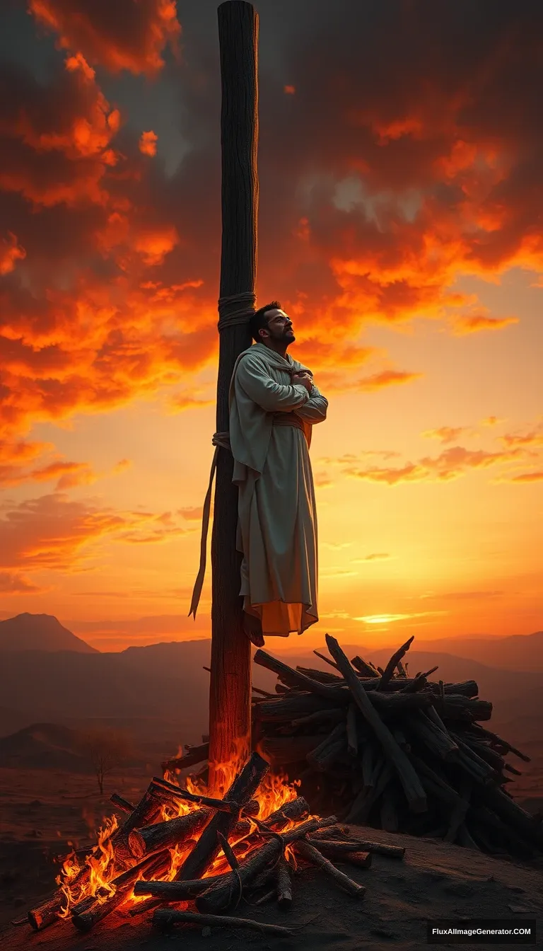 A lone figure, dressed in a white robe, is tied to a towering wooden pole on a barren hilltop. The sky is ablaze with the orange and red of a sunset as a large fire burns the pile of wood beneath his feet. The figure's face is turned skyward, his expression calm and accepting. Dramatic lighting, cinematic, highly detailed, digital painting.