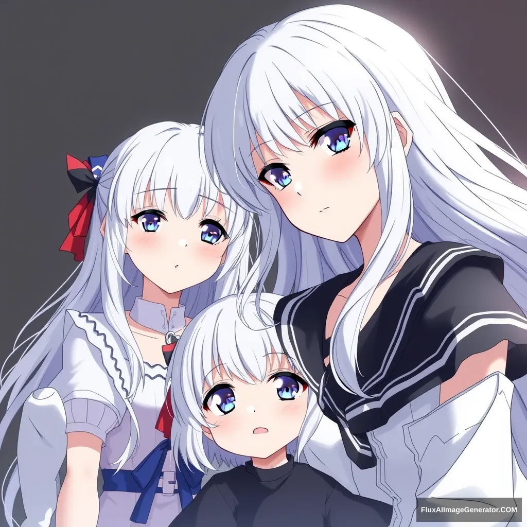 3 girls, white hair, blue eyes, anime