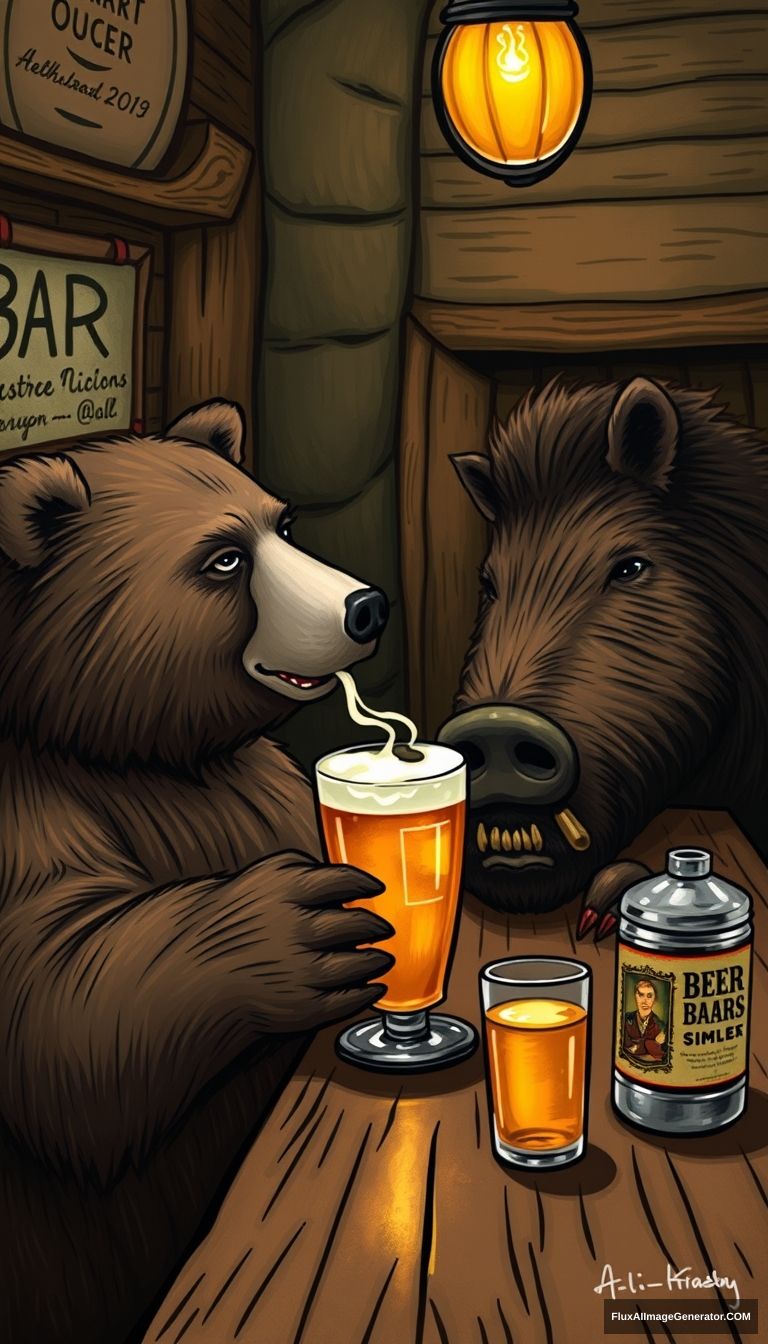 a bear having a beer at a bar with a boar - Image