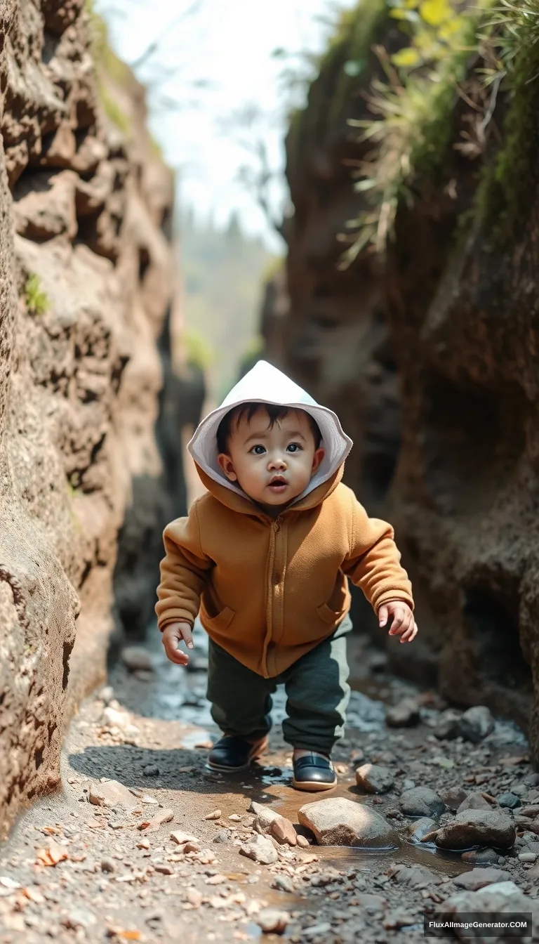 A 20-month-old Korean child with a white hat is playing in a ravine.