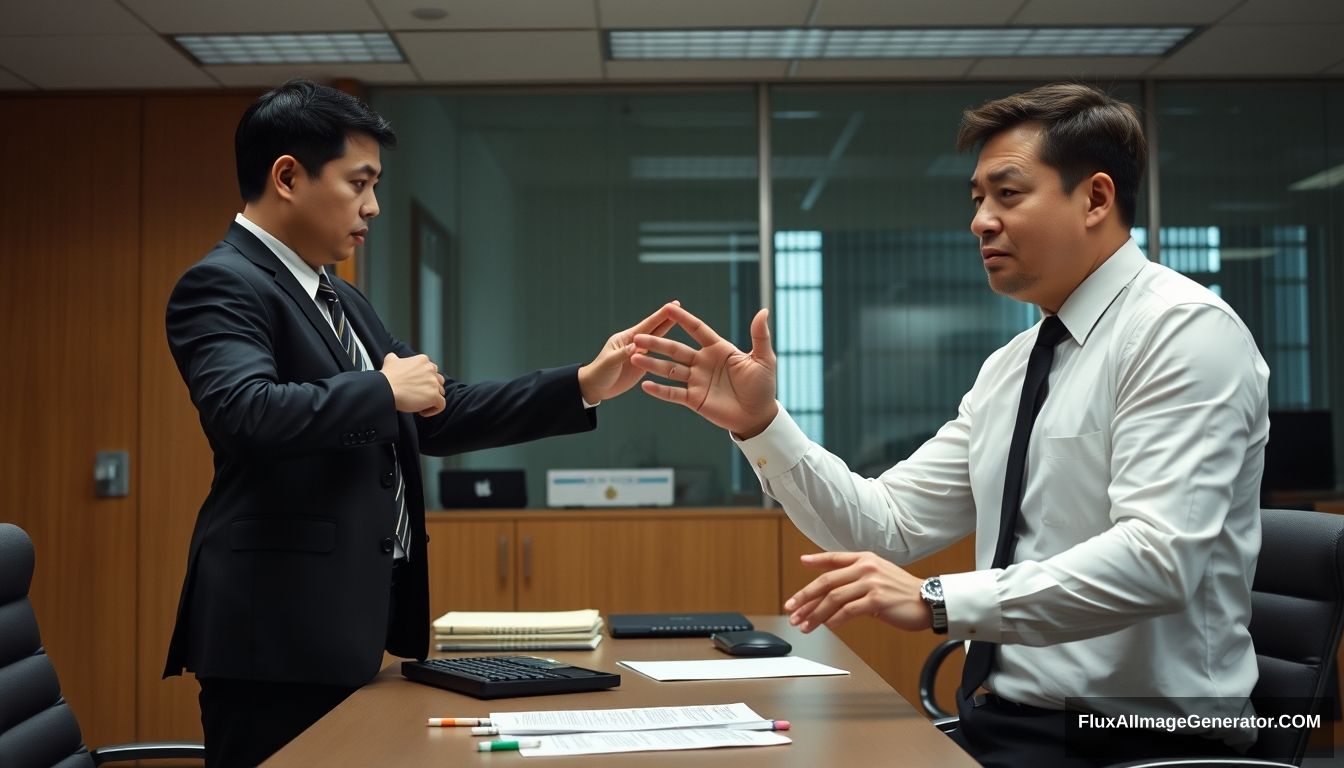 This is an office scene. ultra wide shot. There is a man in a black suit on the left side of the screen. His name is Paul, an Asian. Paul is very angry. He stands up and smacks his hand and points to the right at another man wearing a white shirt and a black tie. They are quarreling. His name is Ivan, an Asian. Ivan was sitting down and his opponent made a blocking gesture and had a disgusted facial expression. - Image