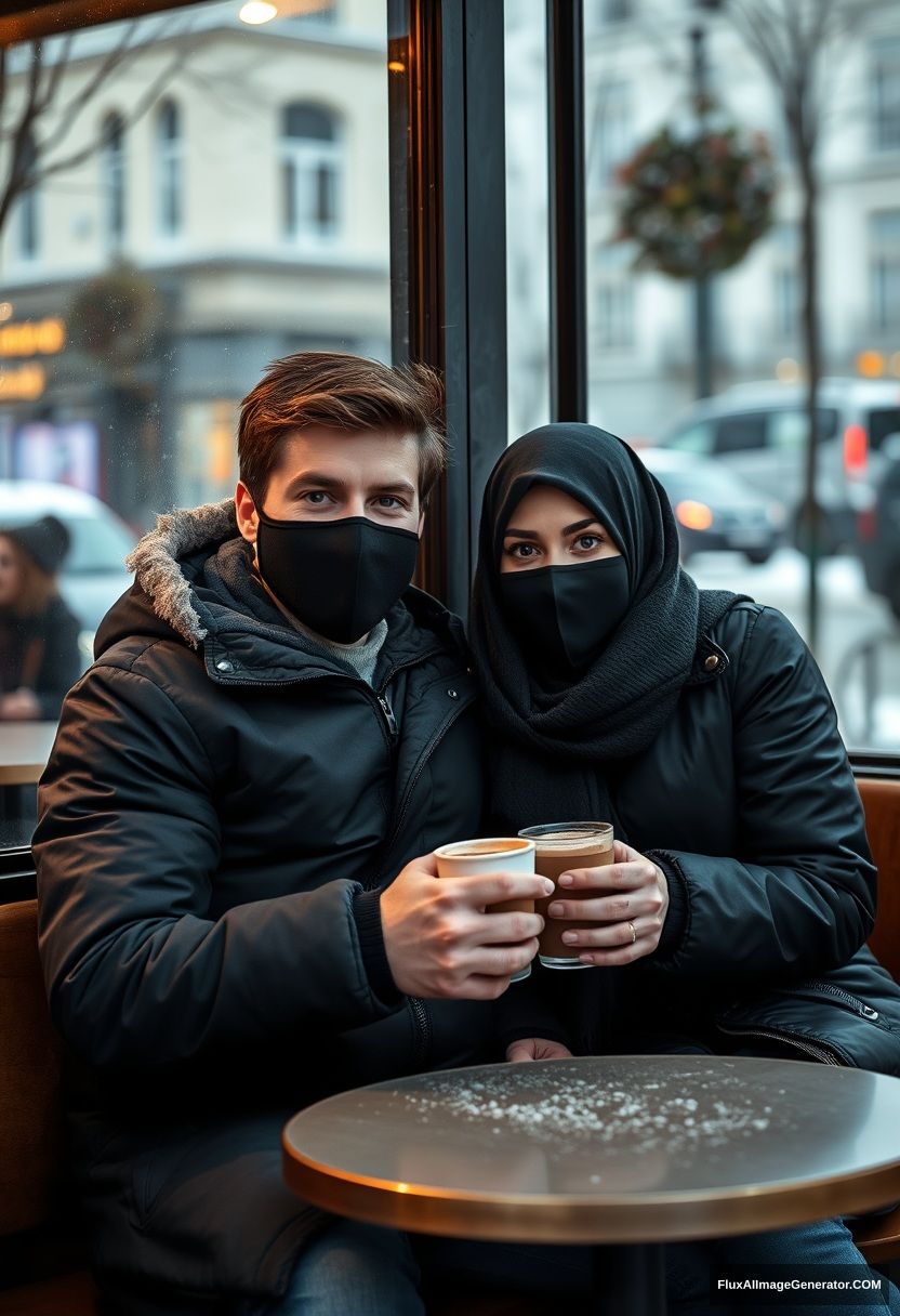 Jamie Dornan, handsome, young, black face mask, snow jacket, jeans, dating a beautiful Muslim girl in a big black hijab with stunning eyes, black face mask, black leather jacket, winter scenery, sitting in a café near a glass window in town, two cups of hot chocolate, gloomy day, photorealistic, street photography.