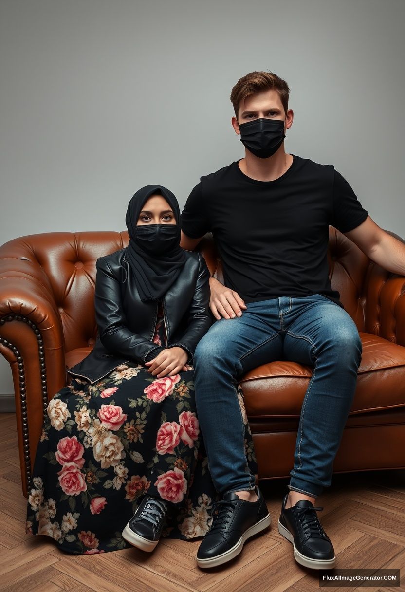 A black hijab girl, slim girl, beautiful eyes, face mask black, black leather jacket, biggest floral long dress, black leather sneaker, sitting on leather single wing sofa, Jamie Dornan, youngest, black T-shirt, jeans, black leather sneaker, tall man, face mask black, fit body, sitting near her, hyper realistic, studio photography. - Image