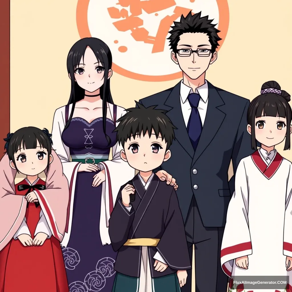 Korean family (father, mother, 2 daughters, 1 son), in the style of Demon Slayer: Kimetsu no Yaiba.