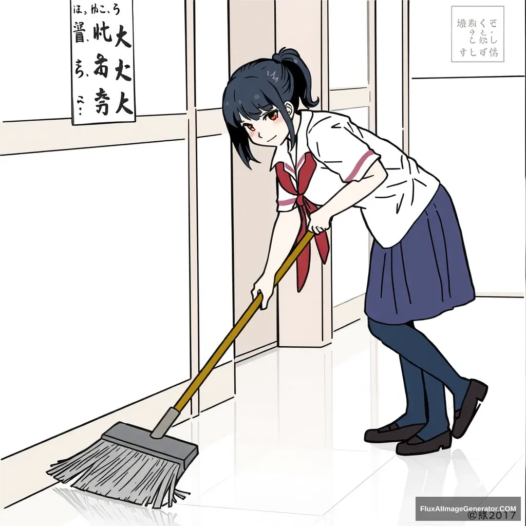 "A female student is sweeping the floor, with Chinese characters or Japanese."