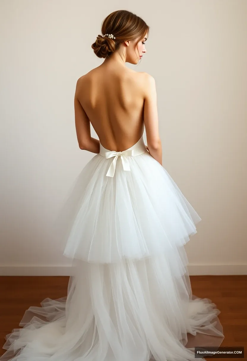 a young woman, sensitive, delicate, ashamed, backless strapless low-waisted airy tutu-inspired wedding dress