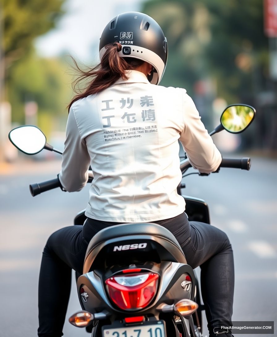 A woman riding a motorcycle, viewed from behind, Chinese, light-colored riding outfit, racing, rear view.