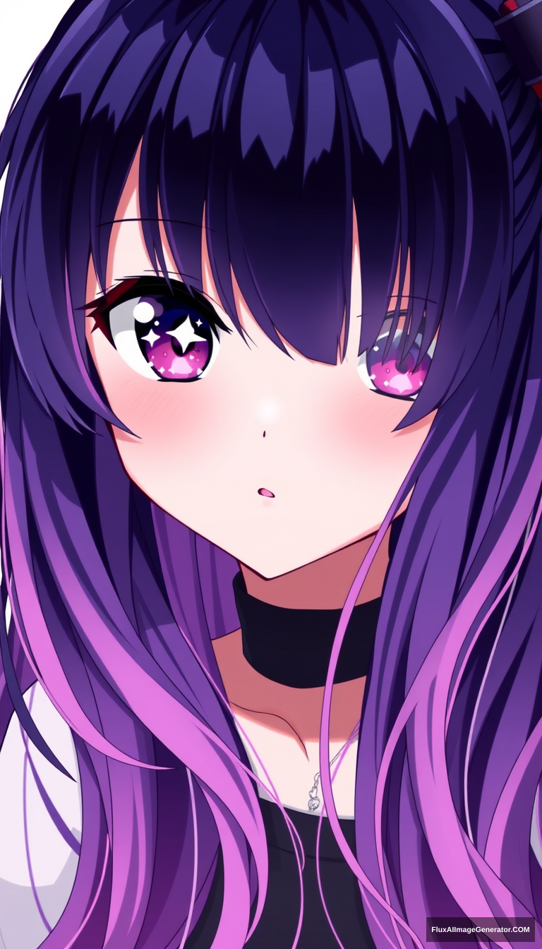 A beautiful young girl with dark purple and pink-colored eyes, featuring shiny white six-star pupils. She has long indigo and purplish hair that reaches her waist, with bangs that have pink streaks in them. Anime art style. - Image