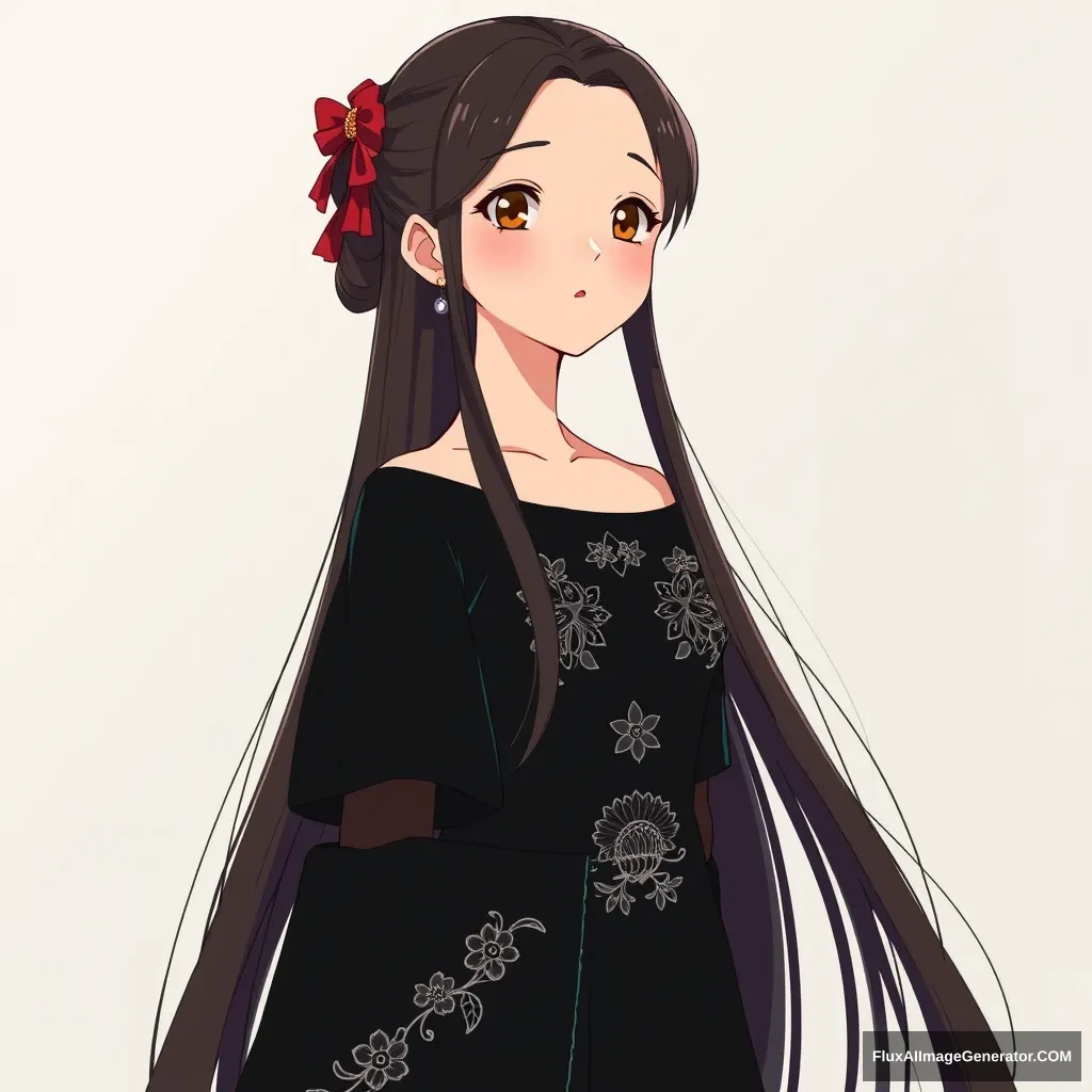 Studio Ghibli, Hayao Miyazaki style, beautiful girl, black evening gown, long hair details, anime 8k.