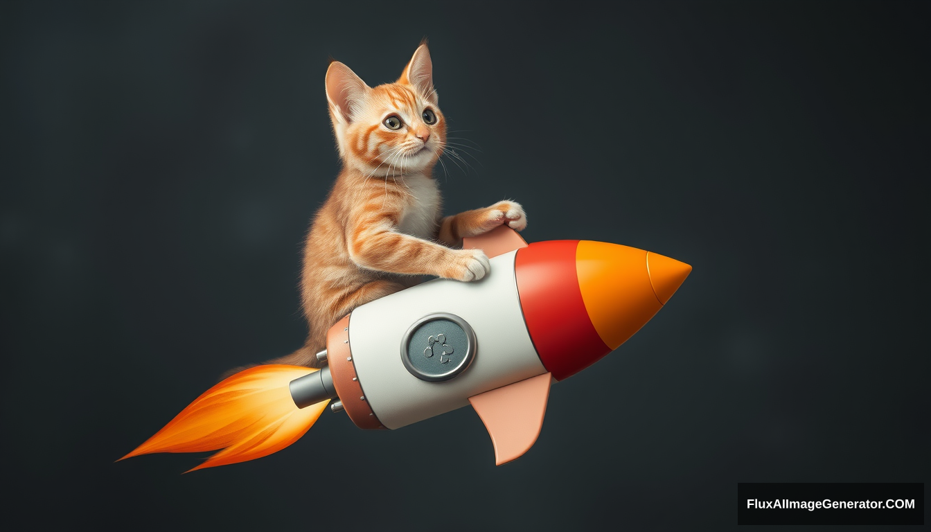 a cat riding a small rocket.