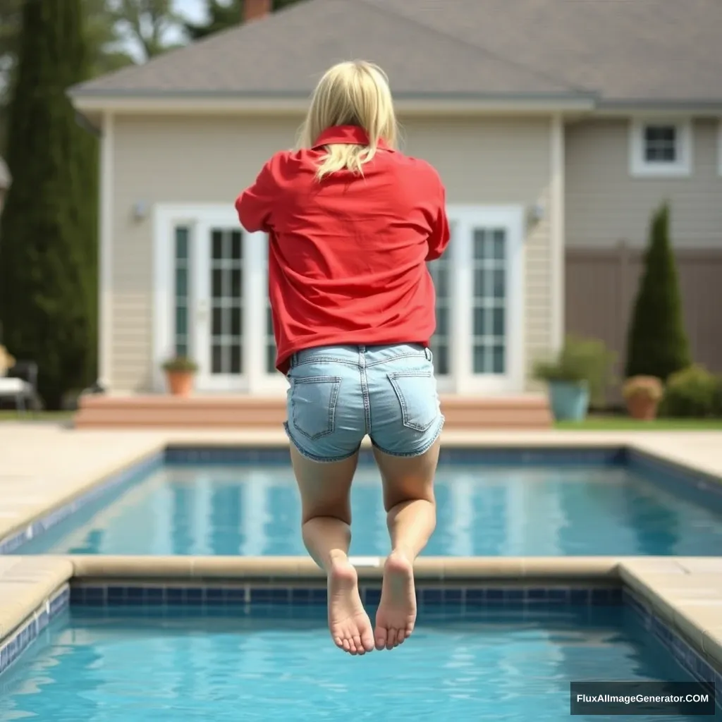 Back view of a young blonde skinny woman in her early twenties is in her large backyard wearing an extremely oversized red polo shirt that is somewhat off balance on one of her shoulders, with the bottom part of her shirt untucked. She is also wearing medium-sized light blue denim shorts and no shoes or socks as she dives into her pool headfirst.