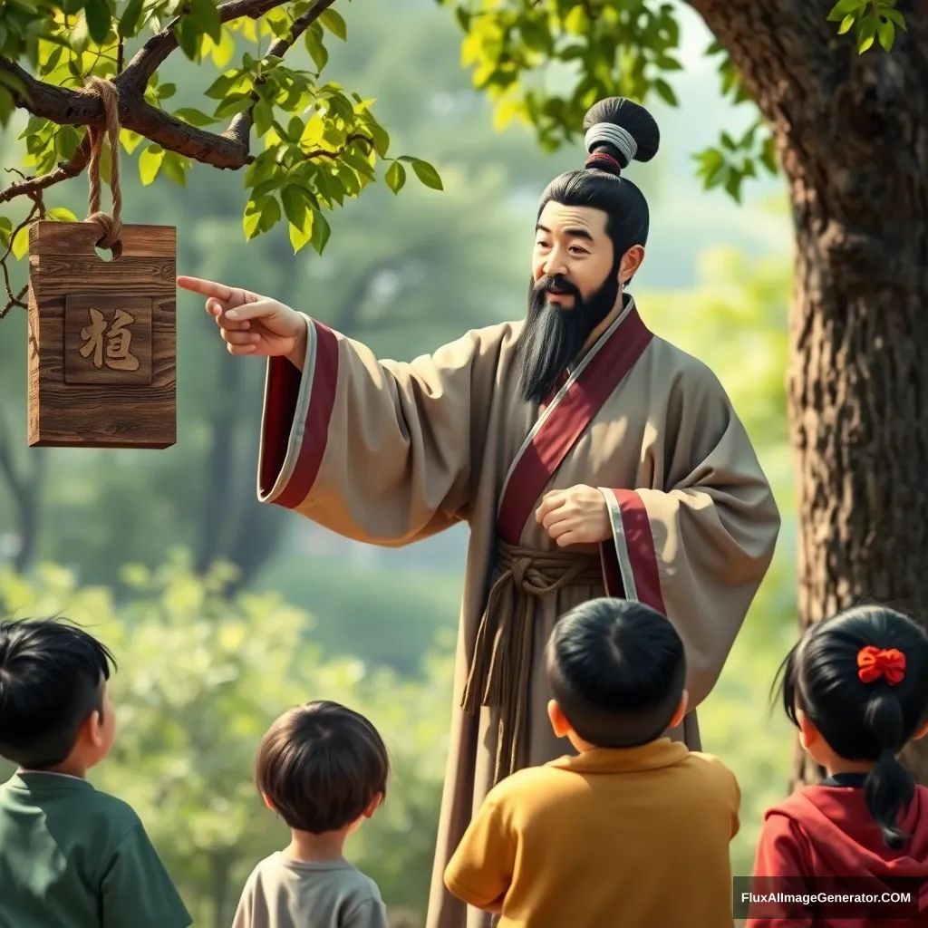 A Chinese figure, clad in Tang Dynasty robes, uses a tree branch as a pointer, gesturing toward a wooden board hanging from a tree while gently teaching a group of curious children.