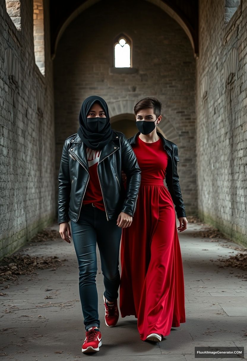 A biggest black hijab girl, beautiful eyes, face mask black, black leather jacket, biggest red longest dress, not tall, walking near him and love, hold his arm, love couple

Jamie Dornan, handsome, youngest, face mask black, fit and tough body, Nike red t-shirt, black leather jacket, jeans, red sneaker, tall man, walking near her, love couple

Hyper realistic, photorealistic, studio photography, explore Victoria's abandoned castle, gloomy. - Image