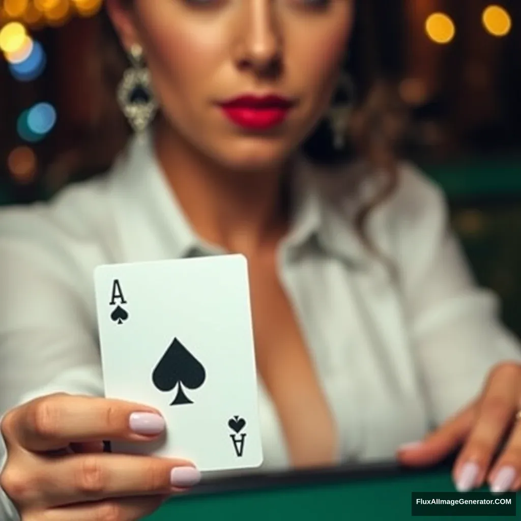 Beautiful dealer holding a poker card, Ace of clubs. - Image