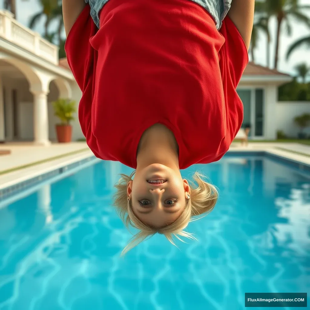 Front view of a young blonde skinny woman who is in her early twenties is in her massive backyard wearing a massively oversized red polo t-shirt which is a bit off balance on one of the shoulders and the bottom part of her t-shirt is tucked in on all sides. She is also wearing small light blue denim shorts and she is wearing no shoes or socks. She dives into her massive luxurious pool head first, making her go upside down after going off the diving board. - Image