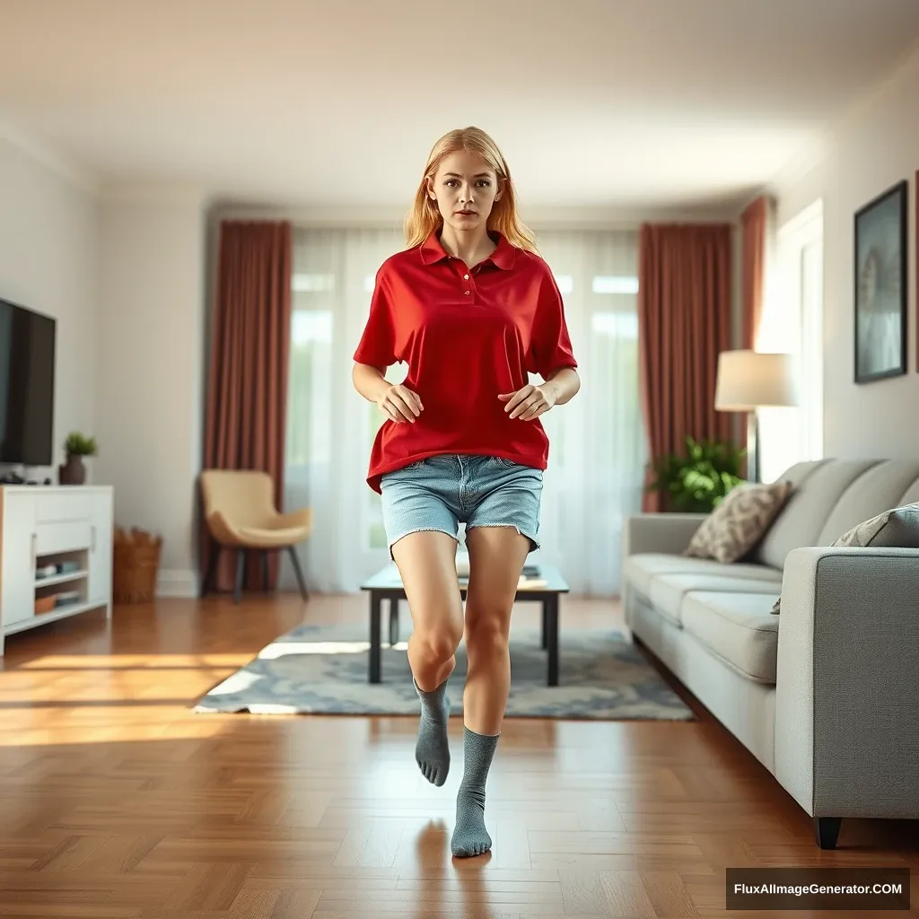 Front view of a slender blonde woman in her early twenties is in her spacious living room wearing a massively oversized red polo shirt that is quite off balance on one shoulder and is also untucked. She is wearing light blue denim shorts, no shoes, and grey socks. She faces the camera, looking worried, and runs toward the camera with both arms straight down.