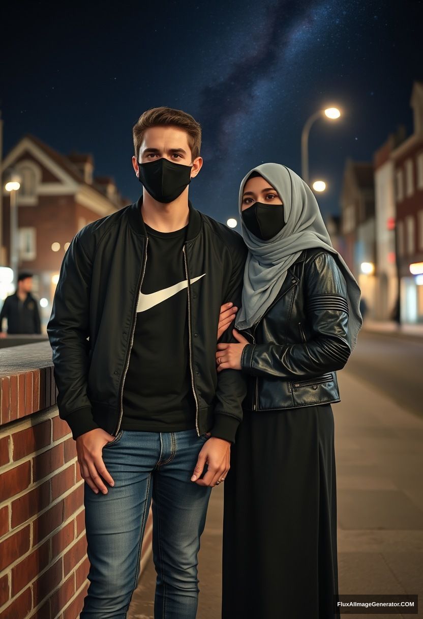 Jamie Dornan, youngest, black face mask, collage jacket, Nike t-shirt, jeans, tall man, fit body,

Dating, love with the biggest grey hijab Muslim girl, beautiful eyes, black face mask, leather jacket, biggest longest skirt, slim, not tall girl, love holding his arm,

Standing at a brick wall, spoiler, in town, night scenery, Milky Way, hyper-realistic, photorealistic, street photography.