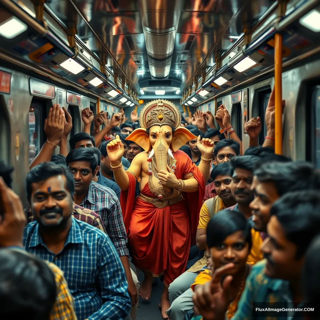 Lord Ganesha, depicted as a real human god, traveling in a packed Mumbai local train during the peak rush hour. The train is crowded, with every inch of space filled by daily commuters, all jostling for room. Ganesha, standing calmly amidst the crowd, blends in with the other passengers a touch of divine aura.

The scene should capture the essence of Mumbai's local trains: the hustle and bustle, the energy, and the diversity of people—office workers, students, and vendors—all squeezed together, holding onto the overhead handles or leaning against the doors. Despite the cramped space, there’s a sense of excitement in the air as a few passengers recognize Ganesha. Their expressions range from surprise to joy, with some whispering among themselves and others offering a silent prayer. unreal engine, 4k, evening time, little duct, smiling faces, happy, fast, speed. - Image