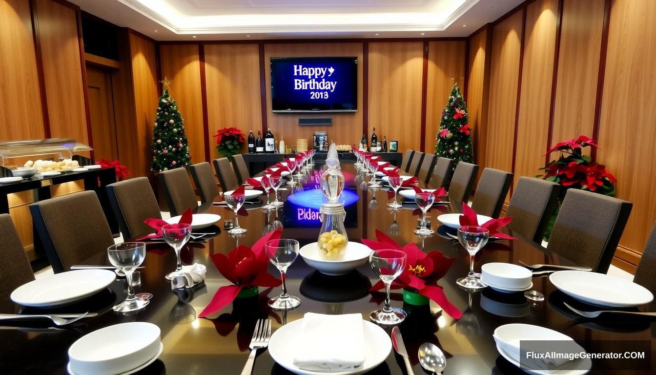 Photograph of a formal dining setup in a luxurious room. The long dining table is set with plates, bowls, glasses, napkins, and chopsticks, but no forks or spoons. The background features a buffet table with various items, a mounted TV displaying a Birthday greeting, and red poinsettia plants adding a festive touch. The room has wooden paneled walls, and there are no Christmas trees present.