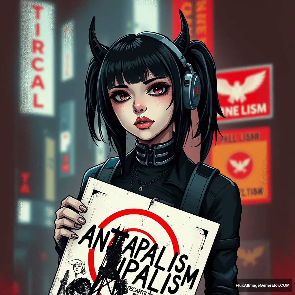 Cybergoth girl with poster 'Anticapitalism'