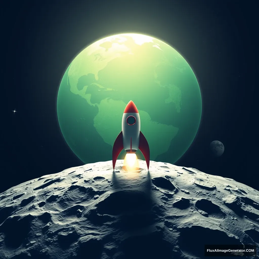 Space rocket on the Moon, with green Earth in the background - Image