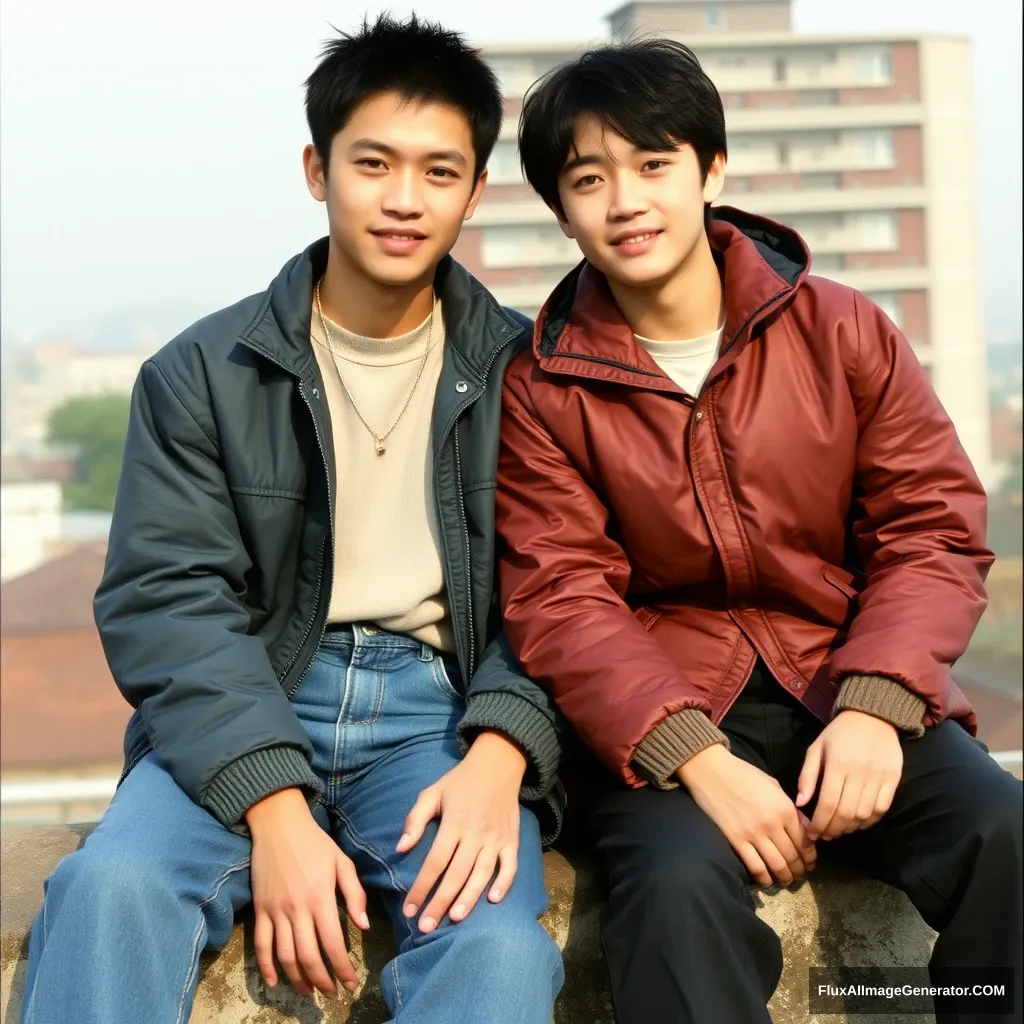 A pair of young Chinese lovers, wearing jackets and jeans, sitting on the roof, the background is Hangzhou in the 1990s, and the opposite building can be seen. - Image